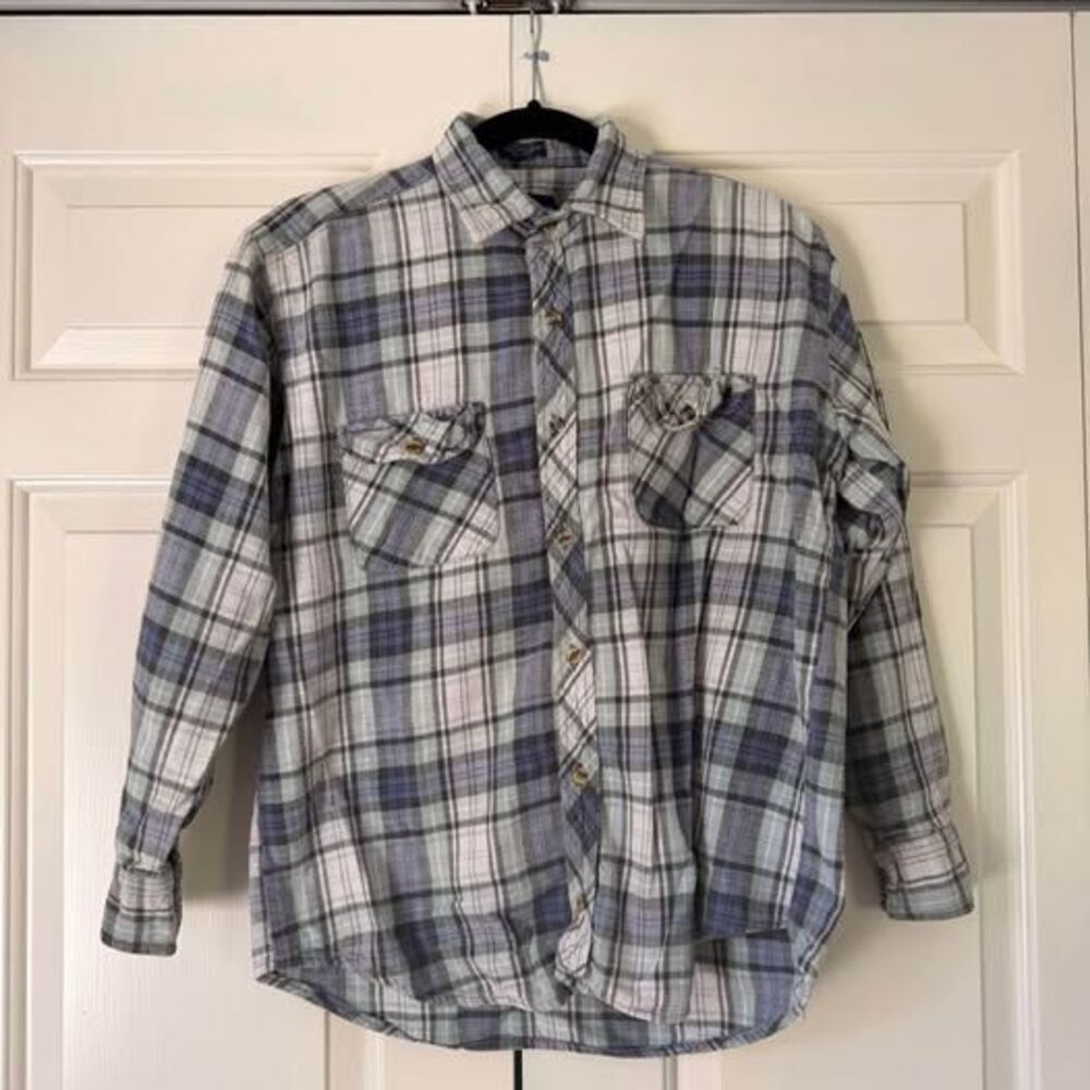 Vintage Big Yank Blue Gray Plaid 100% Cotton Button-Up Shirt